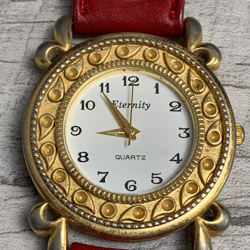 Eternity Women Quartz Watch Gold Tone Ornate Bezel Red Leather 32mm AWC11FE